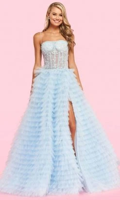 Sherri Hill - 54189 Sheer Bodice Tiered Tulle High Slit Ballgown