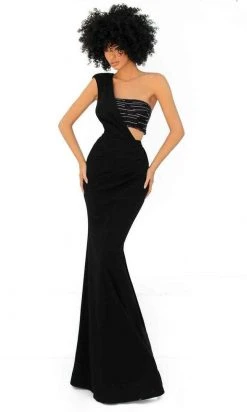 Long Dresses Tarik Ediz - 51058 One Shoulder Draped Bodice Evening Dress - 1 Pc Black In Size 6 Available