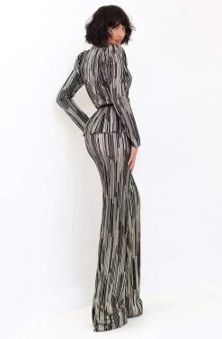 Tarik Ediz - 93892 Long Sleeve Deep V-neck Satin Jumpsuit