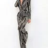 Tarik Ediz - 93892 Long Sleeve Deep V-neck Satin Jumpsuit 2 Tarik Ediz - 93892 Long Sleeve Deep V-neck Satin Jumpsuit
