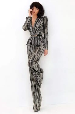 Tarik Ediz - 93892 Long Sleeve Deep V-neck Satin Jumpsuit