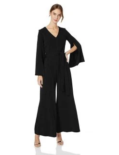 Long Dresses Taylor - 1140MJ V Neck Split Flared Long Sleeved Solid Jersey Jumpsuit