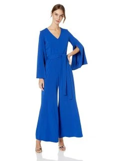 Long Dresses Taylor - 1140MJ V Neck Split Flared Long Sleeved Solid Jersey Jumpsuit