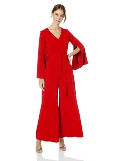 Long Dresses Taylor - 1140MJ V Neck Split Flared Long Sleeved Solid Jersey Jumpsuit