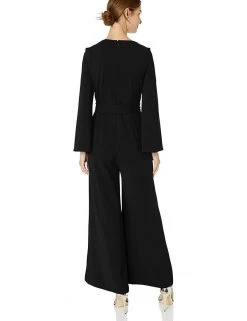 Long Dresses Taylor - 1140MJ V Neck Split Flared Long Sleeved Solid Jersey Jumpsuit