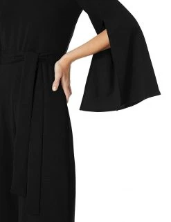 Long Dresses Taylor - 1140MJ V Neck Split Flared Long Sleeved Solid Jersey Jumpsuit