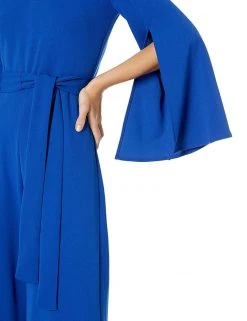 Long Dresses Taylor - 1140MJ V Neck Split Flared Long Sleeved Solid Jersey Jumpsuit