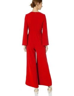 Long Dresses Taylor - 1140MJ V Neck Split Flared Long Sleeved Solid Jersey Jumpsuit
